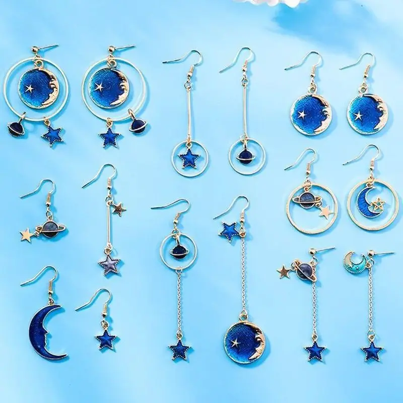 

Fashion Blue Pink Star Moon Star Stud Earrings for Women Gold Color Universe Planet Circle Asymmetry Long Earrings