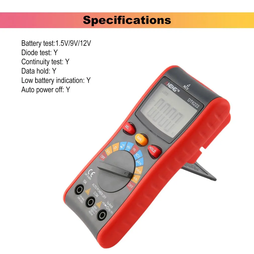 DT6222 Backlight Digital LCD Multimeter Voltmeter Ammeter AC DC Diode Resistence Frequency OHM Volt Tester Data Hold