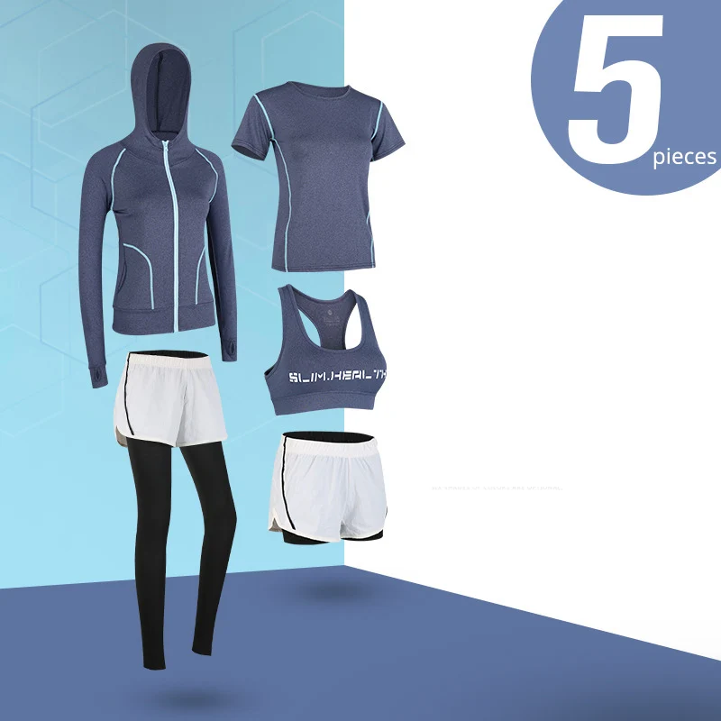 dark blue 5 pcs set 5 шт. женский спортивный костюм Йога набор спортивная одежда спортивный костюм для фитнеса для тренировки одежда для женщин спортивный бюстгальтер леггинсы, спортивная одежда - Цвет: dark blue 5 pcs set