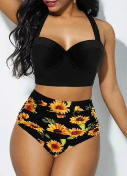 

2020 New Sunflower Bikini Set Two Piece Swimsuit Women Bathing Suit Swimwear Beach Wear High Waist Tankini Biquini Plus Size May