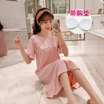 

Summer Nightgown Women's Sunken Stripe Pajamas Female Summer Cute Japanese-style Princess Dress with Chest Pad Wear Free Underwe