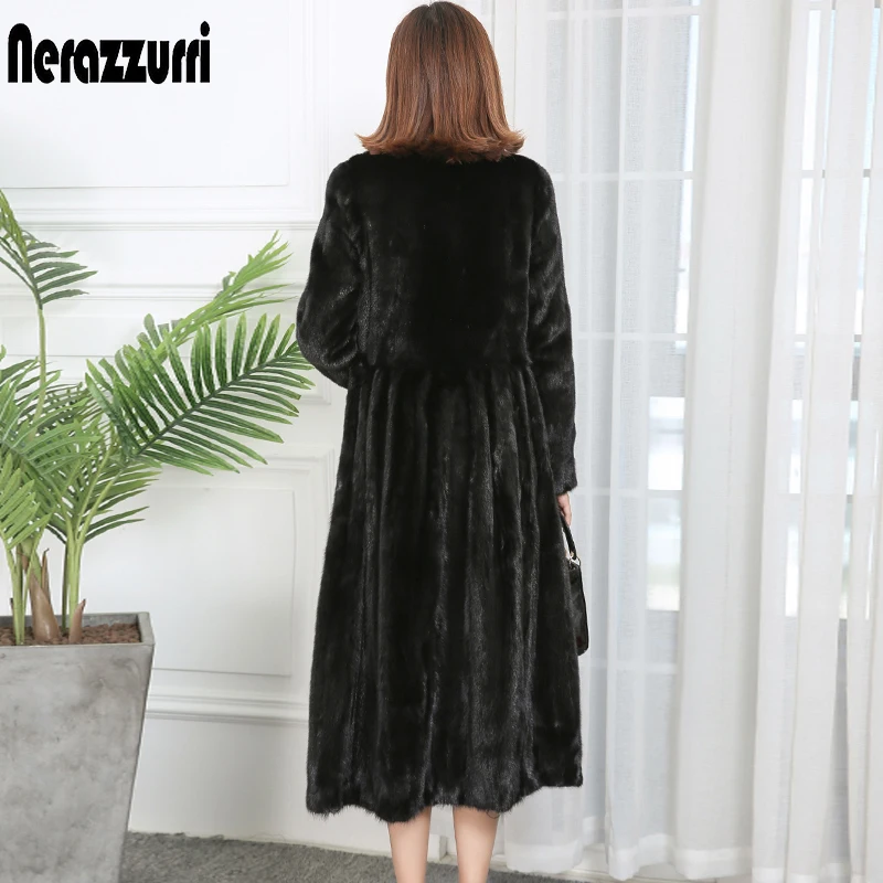 Nerazzurri long real mink fur coat women pleated black turn down collar long sleeve mink coat plus size warm whole mink jacket