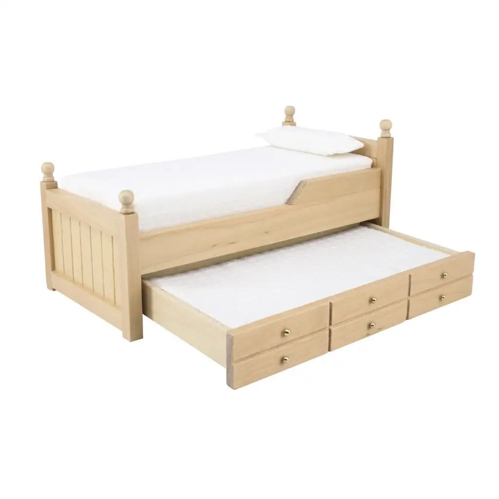 Wooden Dollhouse Bed, with Mattress, Dolls House Accessories, 1/12 Scale Dollhouse Miniatures Furniture