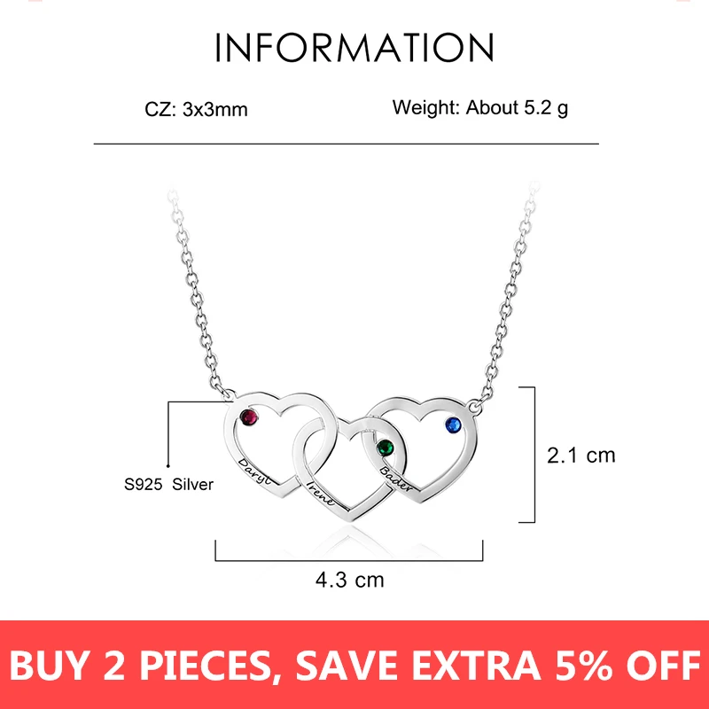Personalized Intertwined Hearts Necklace with 3 Birthstones 925 Sterling Silver Custom Name Engraved Pendant (JewelOra NE102402) - Image 2