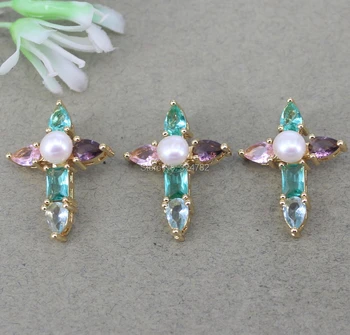 

10pcs Micro Pave CZ Cross Pendant Paved Pearl For Jewelry Making