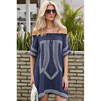 

Beach Tunic Women's Swimsuit Pareo De Plage Bathing Dress Summer Shiying Bohemia Geometric Print Sexy Word Long Sleeve Loose