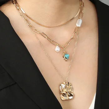 

Exaggerated Green Turquoise Chunky Link Chain Necklaces for Women Multilayed Gold Color Chain Coin Pearl Pendant Choker Necklace