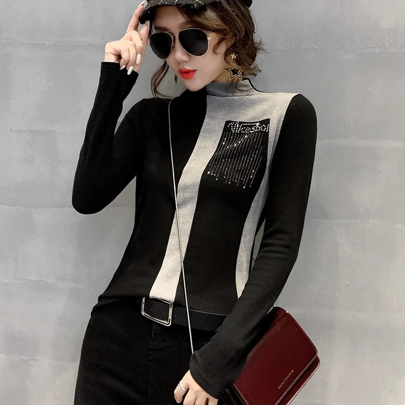 Gray tshirt Модная одежда в европейском стиле; блестящие футболки пикантные Цвет Блокировка Футболка со стразами Для женщин осень-зима Топы сужающаяся к талии футболка T9N713 - Цвет: Gray tshirt