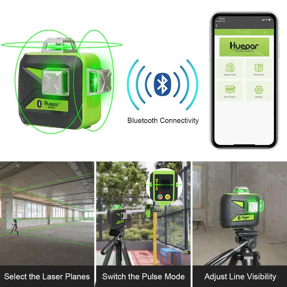 Huepar Laser Level Self Leveling 2x360°outdoor Bluetooth Green Beam Cross  Line for Construction and Picture with Pulse Mode, 360° Horizontal and