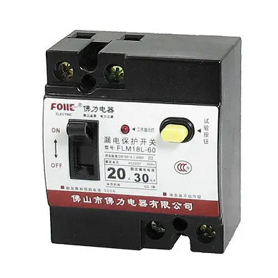 

AC 220V 20A 2 Pole 2P On/Off Switch Earth Leakage Circuit Breaker FLM18L-60