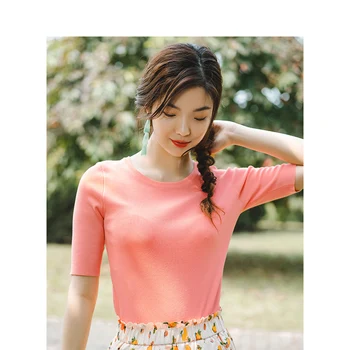 

INMAN Solid O-neck Fashion Retro Hongkong Style Slim Short Sleeve Women Pullover