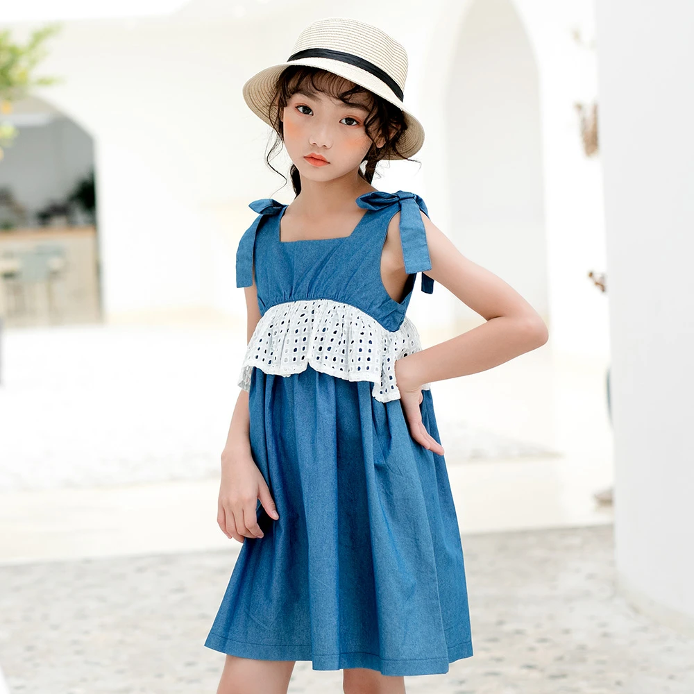 2021 New Jeans Girls Summer Dress Cotton Baby Clothing Lace Patchwork Children Princess Kids Dresses Mother Anda Daughter | Детская
