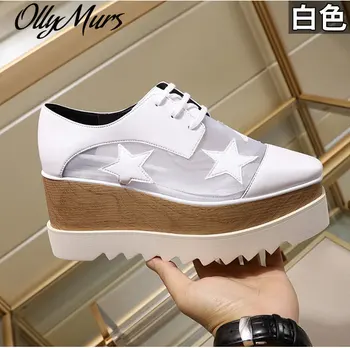 

New genuine leather women lace up hollow beading women casual wooden sole white platform shoes Zapatos Mujer