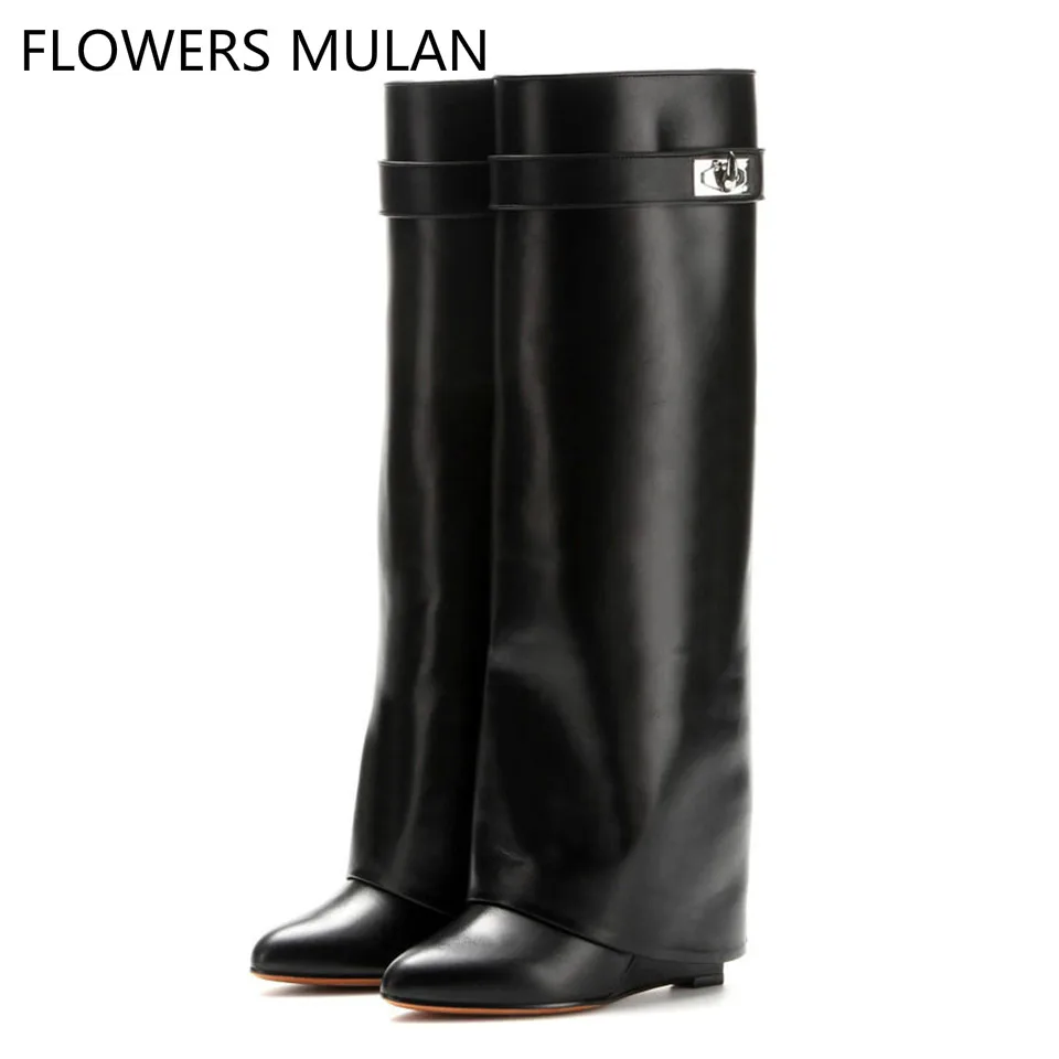 

F-M Silver Metal Shark lock Knee high Boots Women Designer Pointed Toe Leather Wedge increase Height High heel Shoes Woman