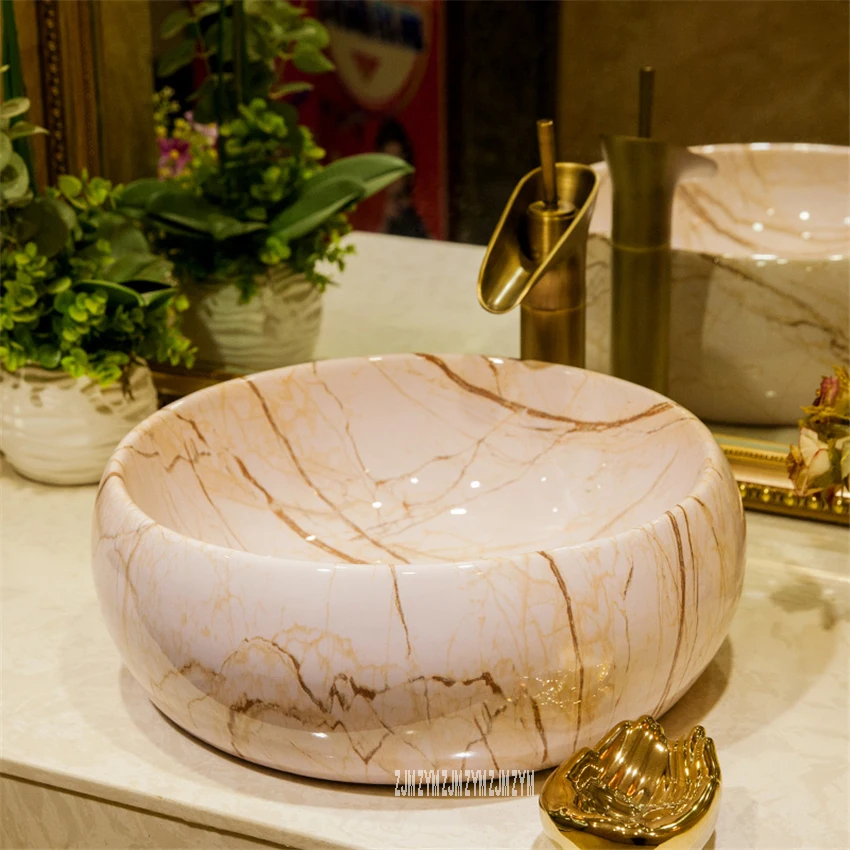Ванная комната круглый умывальный таз искусство дерево-Текстура керамика для мытья посуды бассейна чаша туалета одно отверстие раковина - Цвет: D