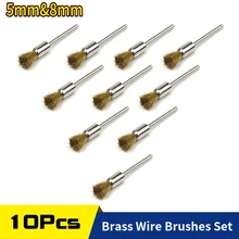 Brosse à roue métallique en laiton, tige de 3mm, 5mm et 8mm de diamètre, pour Mini perceuse, outils rotatifs Dremel, 10 pièces