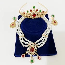 Arabian Bride Crown Necklace Set Wedding Dress Lady Jewelry Moroccan Fashion Gold Jewelry Pearl Necklace Earring Set Jewelry