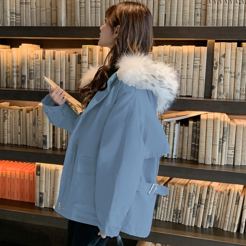 Blue gray Women Cotton Padded Coat Autumn Winter Warm Thicken Fur Hooded Coats Parka Female Loose Solid Pocket Jacket Outwear - Color: Blue gray