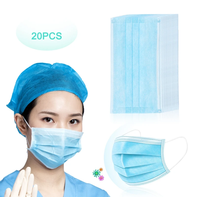 

20PC Face Masks Disposable 3 Layers Dustproof Mask Facial Protective Cover Masks Set Anti-Dust Anti-fog anti-virus Salon Earloop