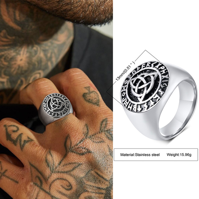 Steel Celtic Triple Knot Rune Signet Ring Men Viking Jewelry