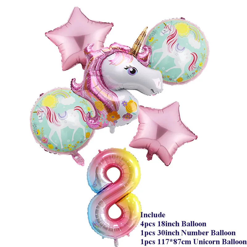 8 6pcs/lot Unicorn Balloon Rainbow Gradient 32 inch Number 1 2 3 4 5 6Th Boy and Girl Birthday Wedding Party Balloons Decorations - Цвет: 8