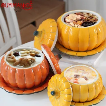 

Ceramic Pumpkin Bowls with Lid Home Kitchen Decor Creative Handle Salad Fruit Soup Microwave Oven Exquisite Decorative Tableware