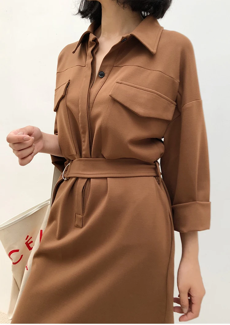 Cheerart Autumn Blue Dress Women Brown Shirt Dress Lace Up Wrap Split Office Ladies Korean Midi Dress