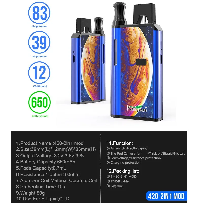 Vape Mod Kangvape 420 2в1 коробка мод 650 мАч Регулировка напряжения батарея предварительного нагрева для JUUL Pod и 510 танк электронная сигарета мод