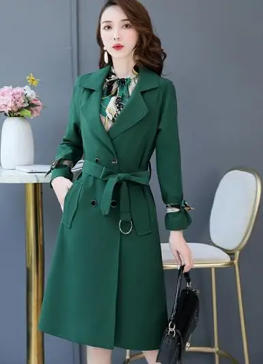 Женское Платье До Колена размера плюс, костюмы с поясом, двубортный Длинный блейзер и платья с длинным рукавом, для работы и офиса, комплект из 2 предметов - Цвет: Зеленый