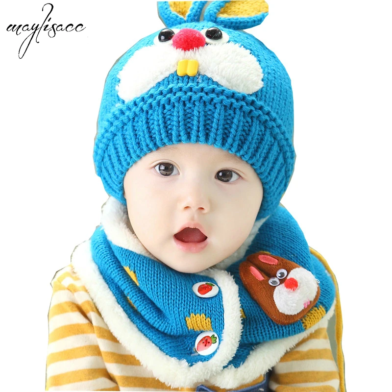 Детский комплект с шапочкой и шарфом для детей 1-4 лет, Зимний милый мультфильм, Корея, Теплый Бархатный шарф с кроличьим зубом, вязаная шапка, шарф, комплект
