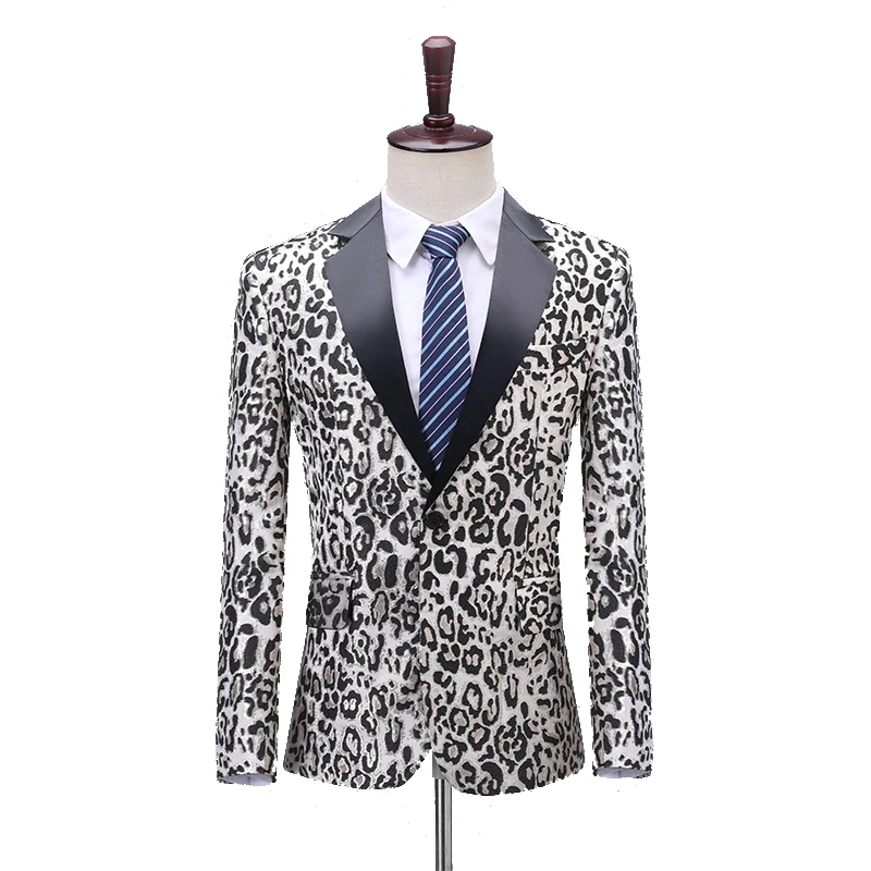 Men Blazers Party Prom Stage Costume Slim Fit Leopard Print Jacquard Tuxedo Jacket Banquet Ball Singer Host Dancer Nightclub Bar