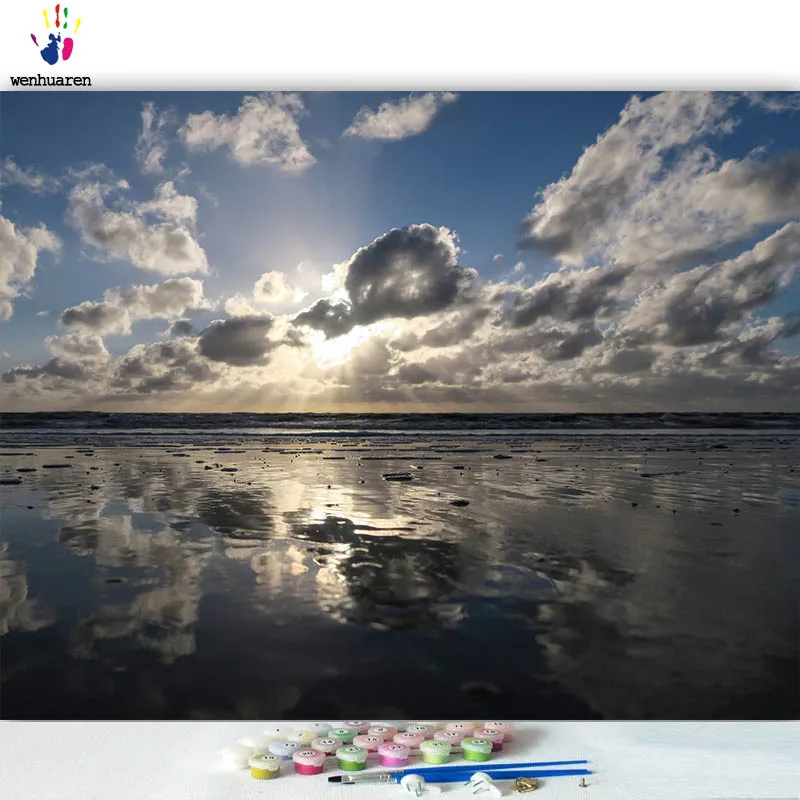 DIY цветные картинки по номерам с цветами море на фотография заката Рисунок Живопись по номерам Обрамленный дом