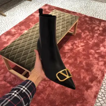 

classics v brand women high heel boots 8cm thin heel pointed toe boot Metal V logo genuine Leather women's boots 35-40 no box