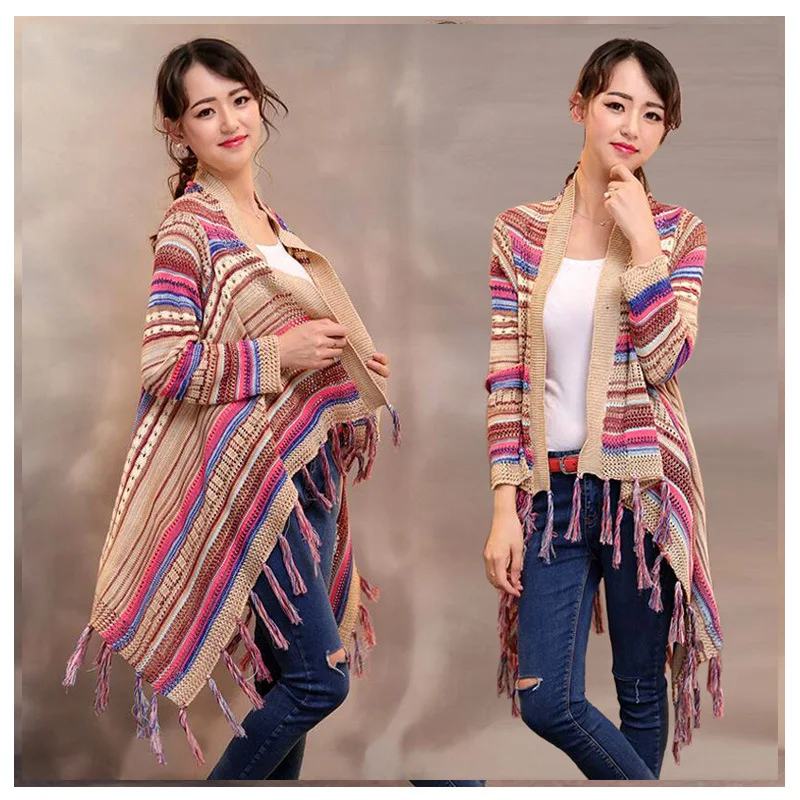 

Winter Clothes for Women Sweater Retro Irregular Hollow Color Striped Fringe Striped Shawl Knitted Jacket Long Sleeve Streetwear