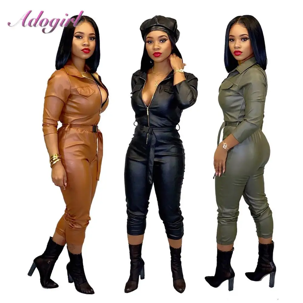 

Sexy Women PU Leather Night Party Clubwear Jumpsuit Casual Zipper Up Long Sleeve Skinny Rompers With Belt Female Outfit Overalls