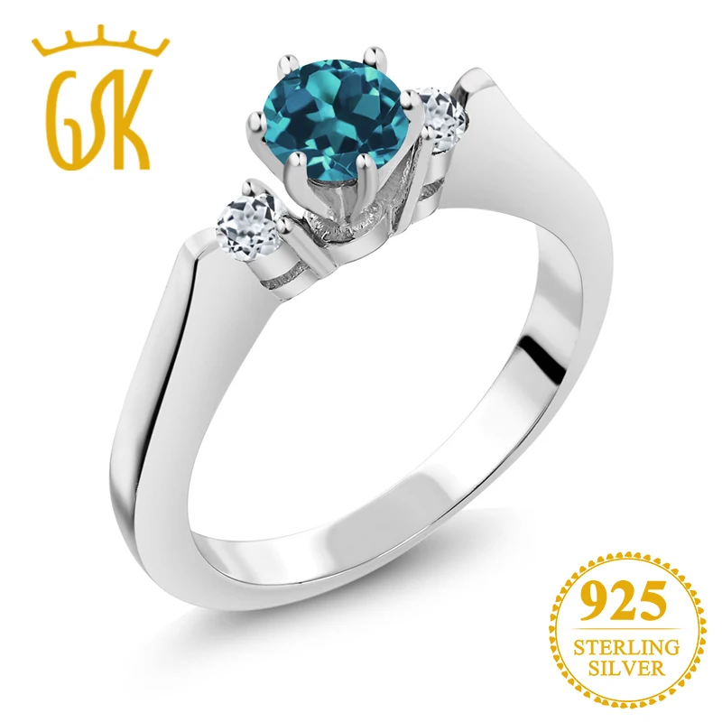 GemStoneKing 0,71 карат круглый натуральный Лондонский голубой и белый топаз 925 пробы Серебряное кольцо с драгоценным камнем для женщин хорошее ювелирное изделие