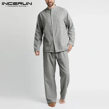 

INCERUN Men Striped Pajamas Sets Homewear Long Sleeve Button Cozy Nightwear Loose Pants 2020 Fashion Pyjamas Mens Sleepwear Sets