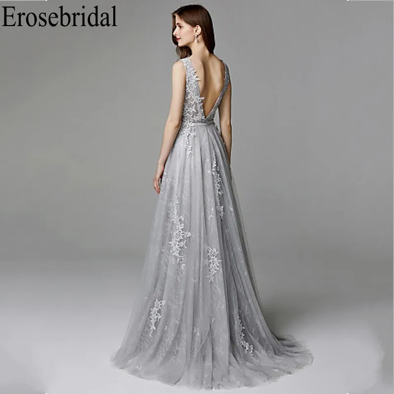Erosebridal серое Длинное Элегантное Вечернее платье кружевные вечерние платья для женщин с v-образным вырезом сзади элегантные платья для вечеринки вечернее