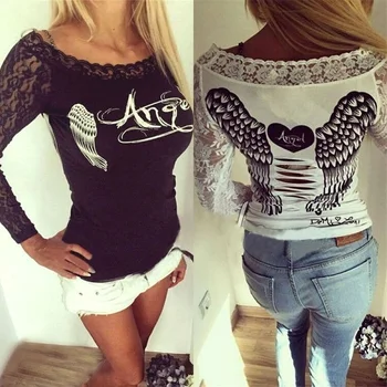 

Womens Ladies Long Sleeve Slim Lace Blouse Casual Shirt Tops Fashion Blouse Black White S-XL