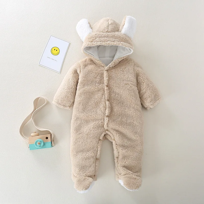 R0580-Khaki Детские комбинезоны; зимняя теплая фланелевая одежда с длинными рукавами для новорожденных; одежда для маленьких мальчиков и девочек; комбинезон для младенцев; комбинезон с капюшоном и рисунком кролика; Пижама - Цвет: R0580-Khaki