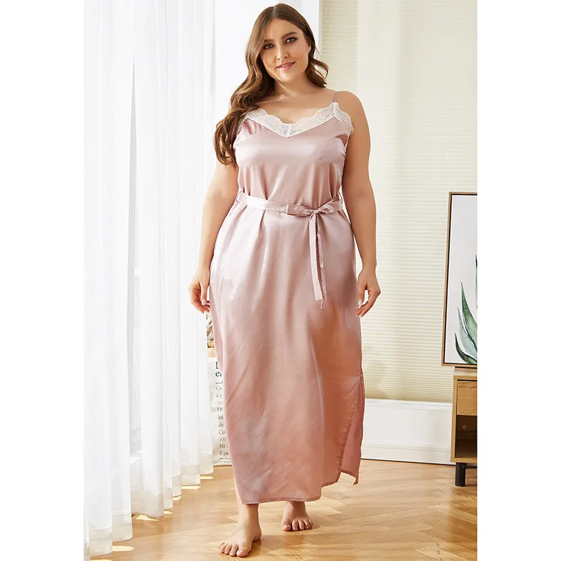 

DOIB Large Size Sleepwear Women Pink Faux Silk Lace Patchwork Oversize Spaghetti Strap Nightwear Plus Size Dress Nightgown