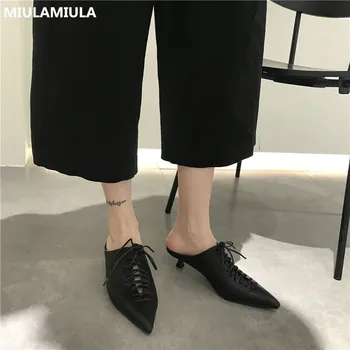

MIULAMIULA Brand Designers 2020 Summer Luxury Cross Tied Good Leather Pointed Toe Kitten Heels Lady Pumps Shallow Loafers Mules