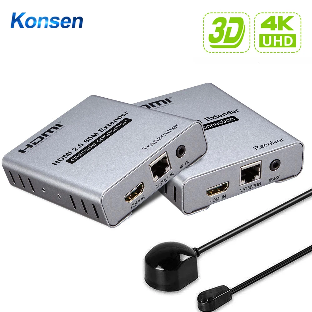 Extensor HDMI 2,0 4K @ 60HZ 60M, 1080P, 120M, Ethernet, RJ45, CAT5e/6, Cat6, extensión de Cable con mando a distancia IR, portátil, PC, DVD a TV