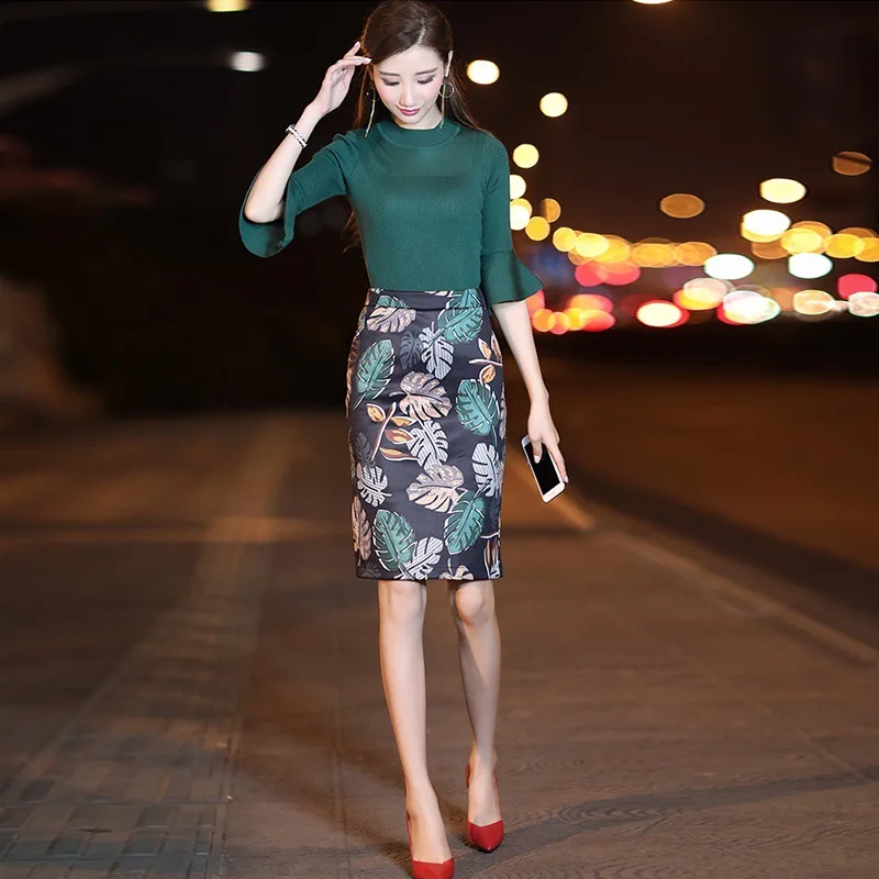 

2019 Spring And Autumn New Style Knitted Skirt Two-Piece Women's Slimming Suit Dress Sheath Fashion Dress Outfit