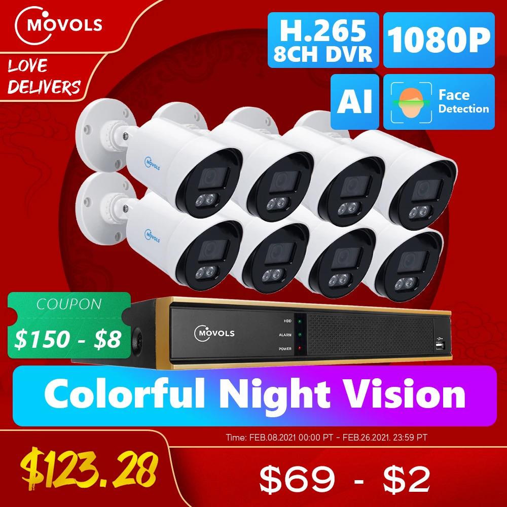 Movols 2MP AI Colorful Night Vision CCTV Kit H.265+ Waterproof Video Surveillance System 8CH DVR 8PCS/4PCS Security Camera Set