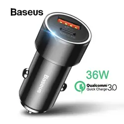 Baseus 36 Вт Dual USB Quick Charge QC 3,0 Автомобильное зарядное устройство для iPhone usb type-C PD быстрая зарядка автомобильное зарядное устройство USB