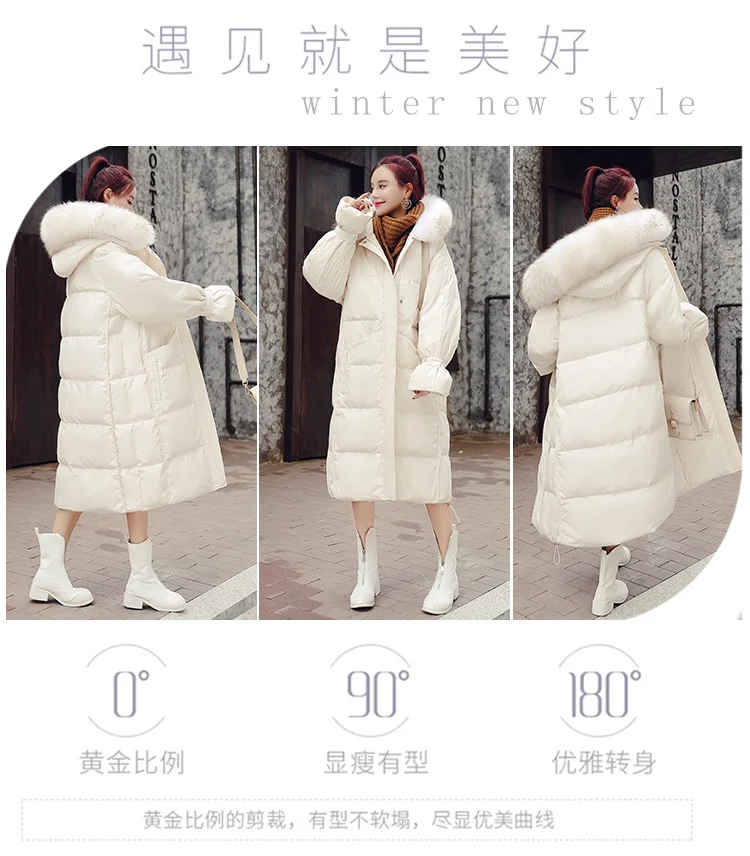 Down Jacket Women's Winter Long Sleeve Thick Mid-length Straight-Cut Zipper Hooded Cotton-padded Clothes White with Genuine