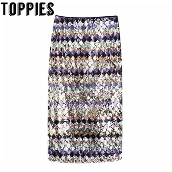 

2019 Geometric Sequined Skirts high waist straight midi skirts back split elegant faldas sexy club wear