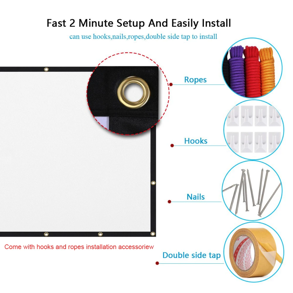 Salange Projector Screen,60 72 84 100 120 150 inch 16:9,Foldable Portable White Projection Screen Polyester Outdoor Home Theater