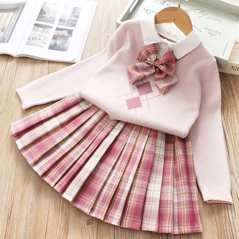 儿童学院风制服套装 秋冬女童可爱蝴蝶领结毛衣+百褶裙两件套 921_2